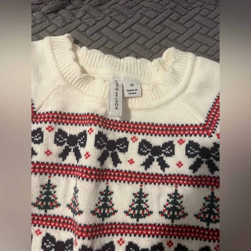 Janie and Jack Festive Cream Sweater with Black and Red Patterns